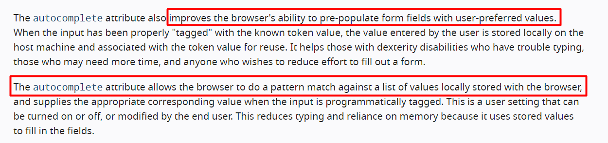 W3C spec screenshot, where they say that having the autocomplete attribute improves browser accuracy